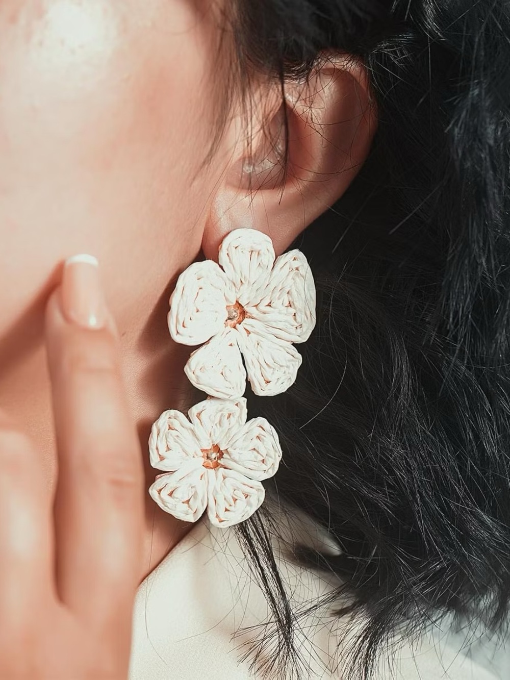 Hoop Earring Set- Raffia Multicolor + Cream Flowers